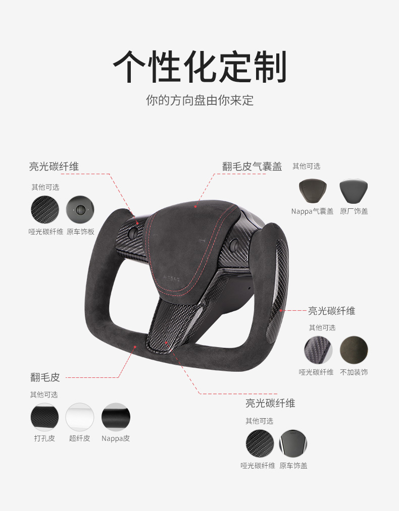 特斯拉Model 3/Y YOKE方向盘 nappa材质logo可定制真碳干碳